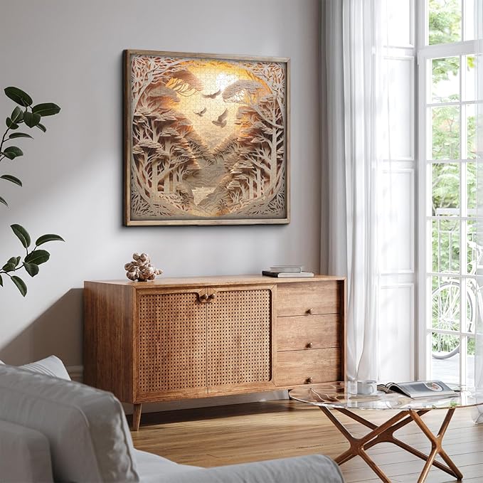 Forest Sunset Puzzles for Adults 1000 Pieces, Difficult Challenge Tree of Life Jigsaw Puzzles, Autostereoscopy River Scene Paper Art Puzzles as Wall Decor