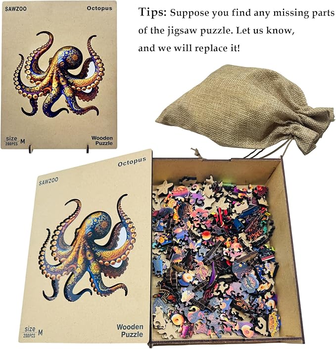Wooden Jigsaw Puzzles for Adults and Kids, Octopus 200 Piece Unique Shaped Puzzle, Family Game and Creative Wooden Puzzle Gift, Wall Art Decor