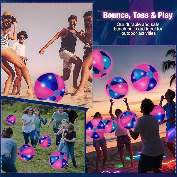 12 Pcs Light up Beach Balls 16'' Jumbo Pool LED Balls Glow in The Dark Neon Giant Inflatable for Summer Hawaiian Tropical Theme Beach Party Decor Water Accessory (Pink)