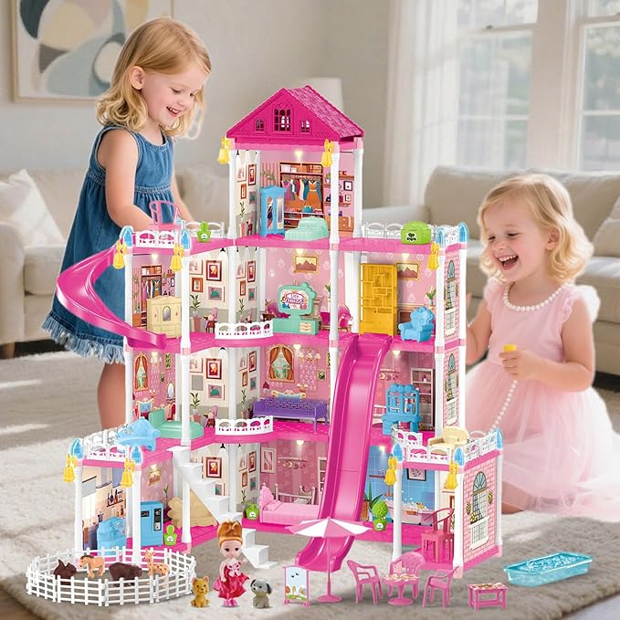 Villa Toys for Girls, 4 Stories 12 Rooms Villa Playhouse with Lights, Doll, Furniture, Bathtub, and Accessories, DIY Pretend Toddlers House kit for 3 4 5 6 7 8 9 10 Year Old Kids