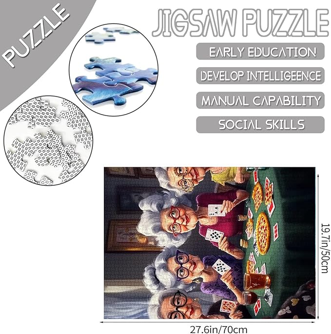 Old Woman Jigsaw Puzzles 1000 Pieces for Adults, Families(Girl,Lady,Pizza,Playing Card,Red Wine,Friends) Pieces Fit Together Perfectly 19.7''x27.6''inch Romantic Friendship Frameable Magic Puzzle Art