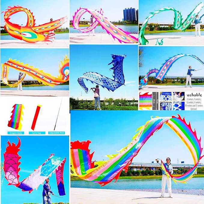 Square Exercise Dance Outdoor Flinging Fitness Dragon POI Wu Long 3D Real-Like Dragon Ribbon Streamer Set (19.6ft, Green Phoenix)