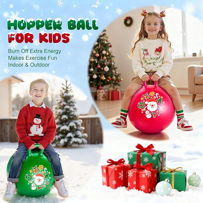 ZOOJOY Hopper Ball 2-Pack Set for Girls&Boys 3-8 with Free Hair Clips, Festive Red & Green 18in Bouncy Ball with Handle for Kids, Christmas Toys Indoor and Outdoor Play Includes Pumps