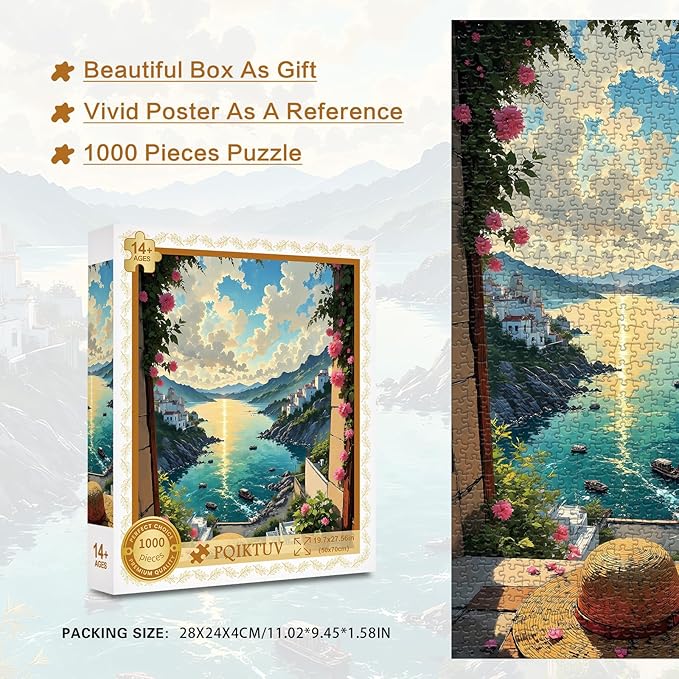 1000 Piece Puzzle for Adults Coastal Village Sunset View Jigsaw Puzzles with Letters on Back Family Impossible Challenging Puzzle Gift for Valentine Friends Parents(27.56x19.7 Inch)
