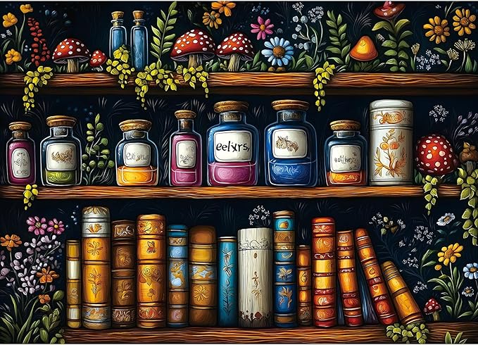 MINIWAN Vintage Witchy Apothecary Shelf 1000 Piece Jigsaw Puzzle for Adults, Mushroom Botanical Flower Magic Elixir Jigsaw Puzzle, Gift for Puzzle Lovers 27.5x19.7 Inch