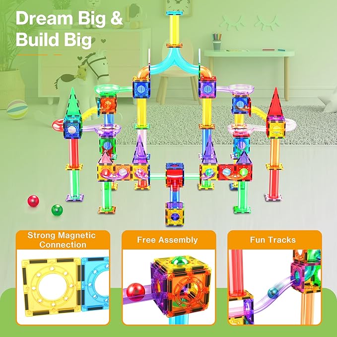 PicassoTiles 200pc Magnetic Marble Run Tiles Toy STEM Educational Race Track with Light Up Marbles Magnet Tile Building Blocks Maze Kit Sensory Pretend Play Toys for Toddlers Boys Girls Ages 3+ PTG200