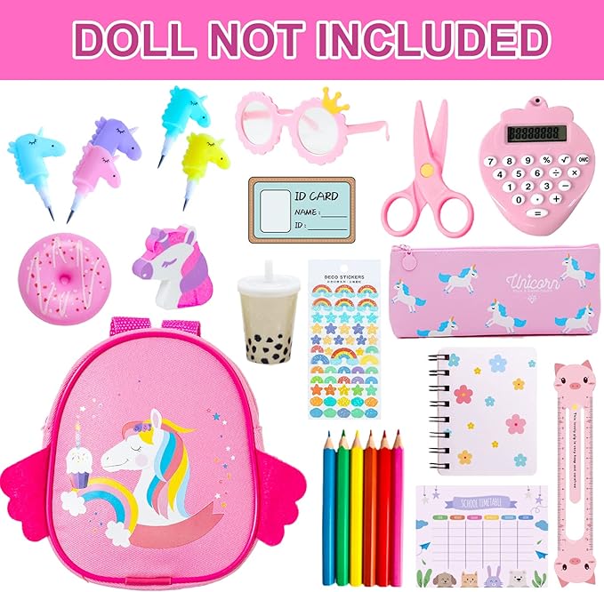 BDDOLL Doll Clothes and Accessories School Supplies Playset for 18 Inch Girl Doll with Doll Clothes,School Bags, Student Cards, Glasses, Pencils, calculators, Scissors, notebooks, etc