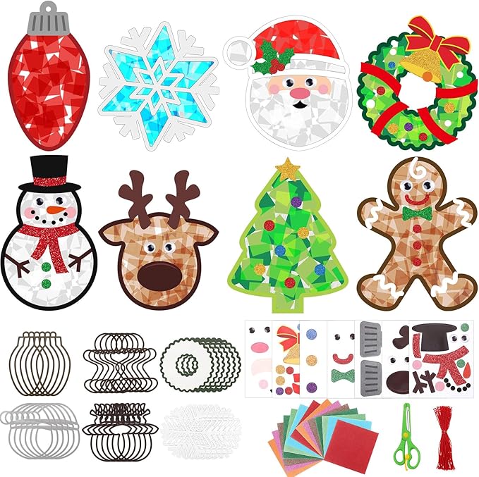 24 Sets Paper Crafts Kit with Colored Tissue Paper Sticker Tools Hanging Ornaments Suncatcher for Window Classroom Activity(48 Sets,Christmas)