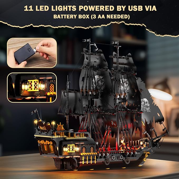 JMBricklayer Pirate Ship Building Toys with Lights, Pearl Pirate Ship Model Boat Kit 40002, Black Ship Toy Building Sets for Adult Teens 14+, Home Office Decor Valentines Gifts(1713 PCS) New Upgrade