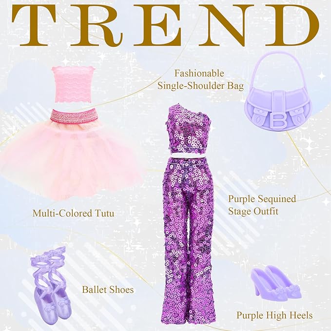 17 Pcs 11.5 Inch Dolls Fashion Pack 6 Set Clothing Includes Sequin Outfit Party Gown Chic Suits Stylish Dress Mermaid Dress 6 Pairs of Shoes 5 Accessories for Girl Dolls