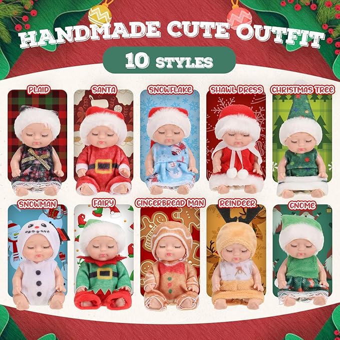 Hanaive 10 Pcs 4 Inch Mini Baby Dolls Lifelike Realistic Tiny Baby Dolls with Animal Clothes Cute Infant Figurine Gifts Set for Toddlers Girls Kids 3+ Easter Graduation Birthday(Santa Style)