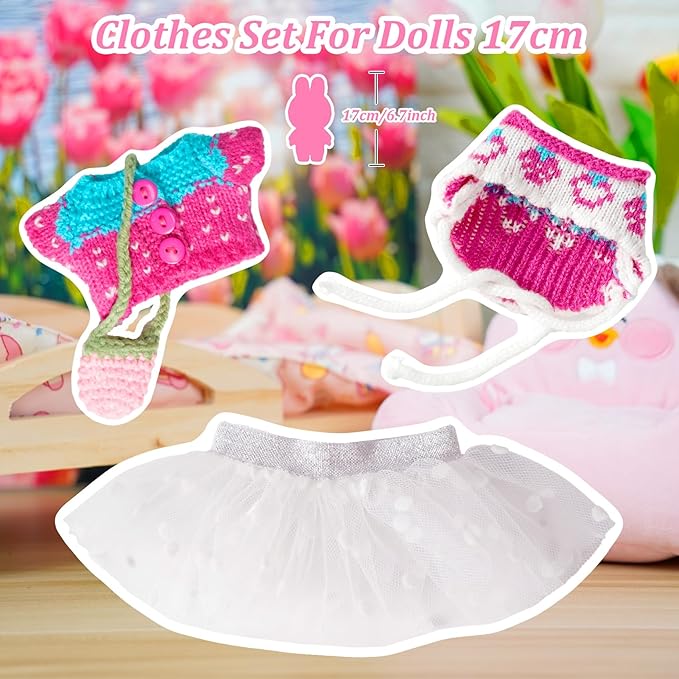 17cm Doll Clothes-Crochet Outfit Accessories Set for 5.91-6.7inch -Crocheted Hat+Pink Strawberry Sweater+White Dress+Bag(NO Doll)