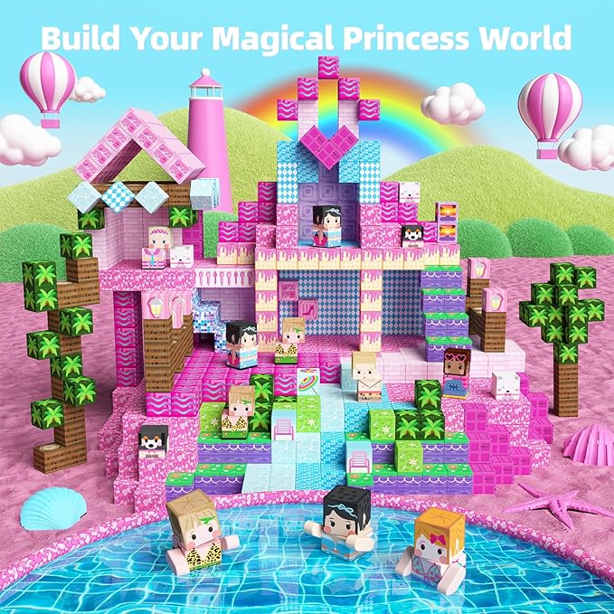 GobiDex 100PCS Magnetic Blocks Princess Building Toys for Girls 3+, Magnet Pink Castle STEM Sensory Playsets for Toddler Kids Birthday Gifts