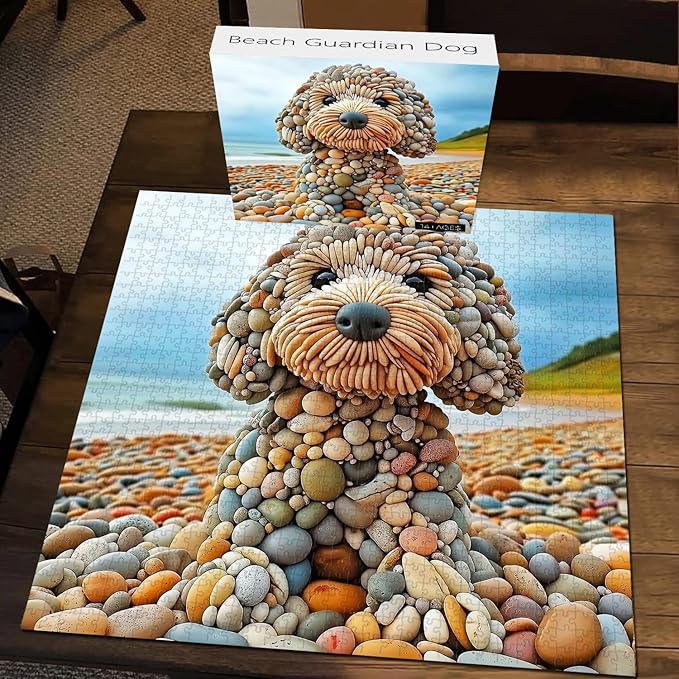 PICKFORU Funny Dog Jigsaw Puzzles 1000 Pieces for Adults, Summer Beach Guardian Dog Puzzle Cute, Interesting Seaside Stone Puppy Theme as Home Decor