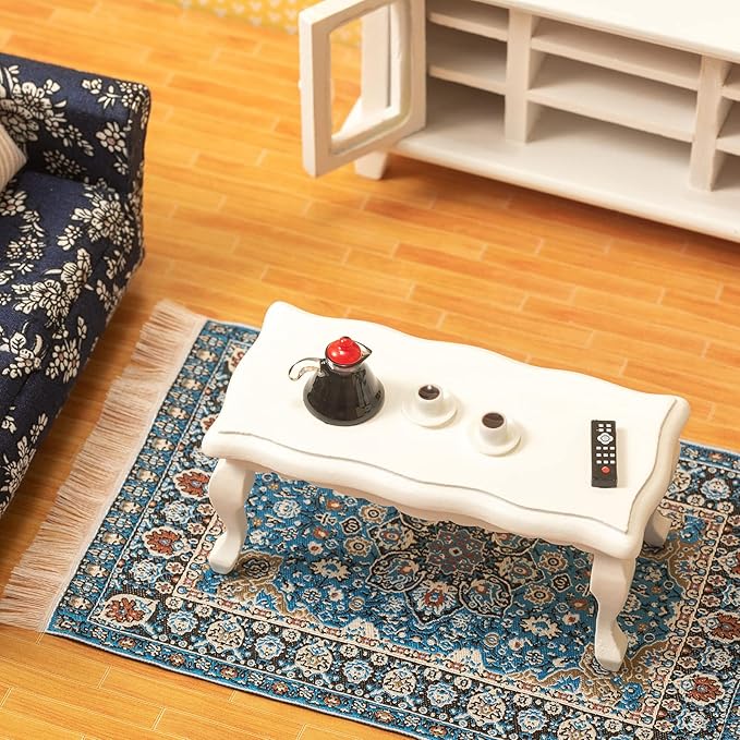 SAMCAMI Miniature Dollhouse Furniture 1 12 Scale - Wooden Dollhouse Furniture Set for Dollhouse Living Room - Doll House Furniture Incl Sofa, TV Cabinet, Coffee Table and Other Accessories (Blue)