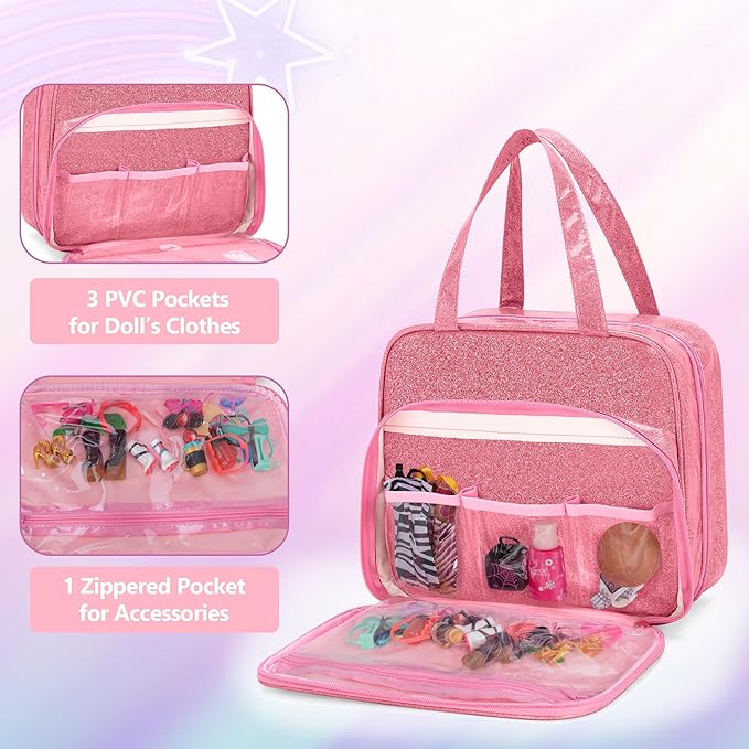 LoDrid Doll Case Compatible with Monster High Dolls with 6 Transparent Pockets for Display and Storage, Tote Bag with Front Pocket and Handle, Pink, Bag Only