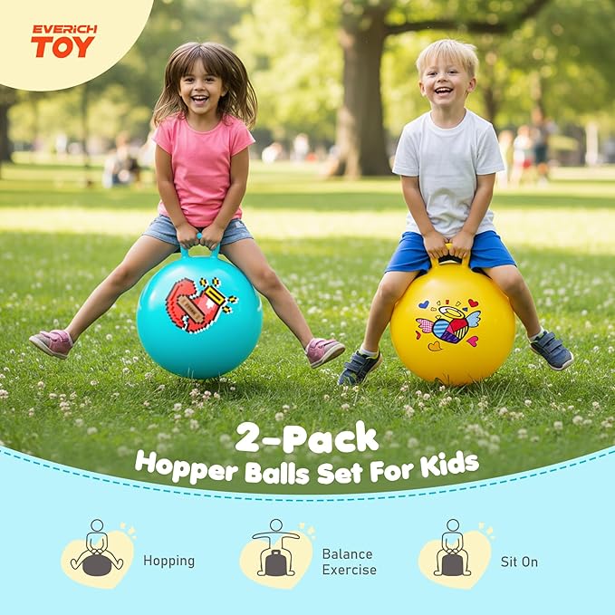 EVERICH TOY 2-Pack Hopper Ball for Kids, 18In Hippity Hop Balls, Yellow & Blue Bouncy Ball with Handle, Indoor Outdoor Active Play Toys Easter Basket Stuffers Girls Boys Gifts for 4 5 6 7 8 Yr Old