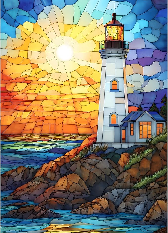 Colorful Stained Glass Lighthouse Puzzle - 1000 Pieces Impossible Puzzle for Adults - Jigsaw Puzzle Adventure (19.7x27.6 in)