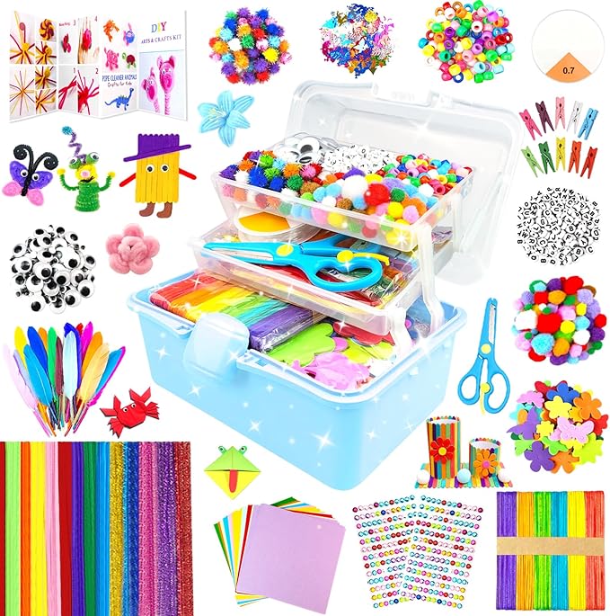 3000 Arts and Crafts Supplies for Kids Craft Kit Craft Box with Pipe Cleaners Arts and Crafts for Kids Age 4-6, 6-8, 8-12 DIY School Supplies Materials Set Toys Gifts for Girls Boys Toddlers, Blue