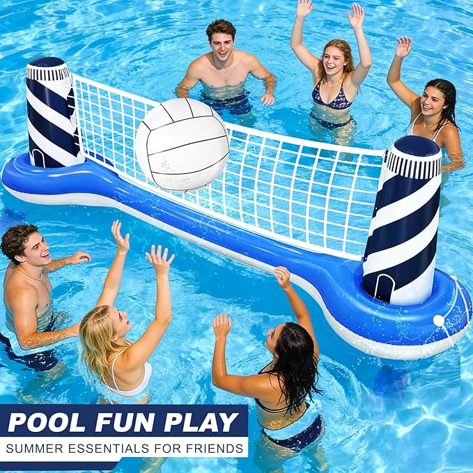Inflatable Pool Games Volleyball Net Pool Float Set with 19" Beach Ball, Lighthouse Design – Floating Swimming Water Sports Toys for Adults, Perfect for Summer Pool Party Supply (112"X26"X35")