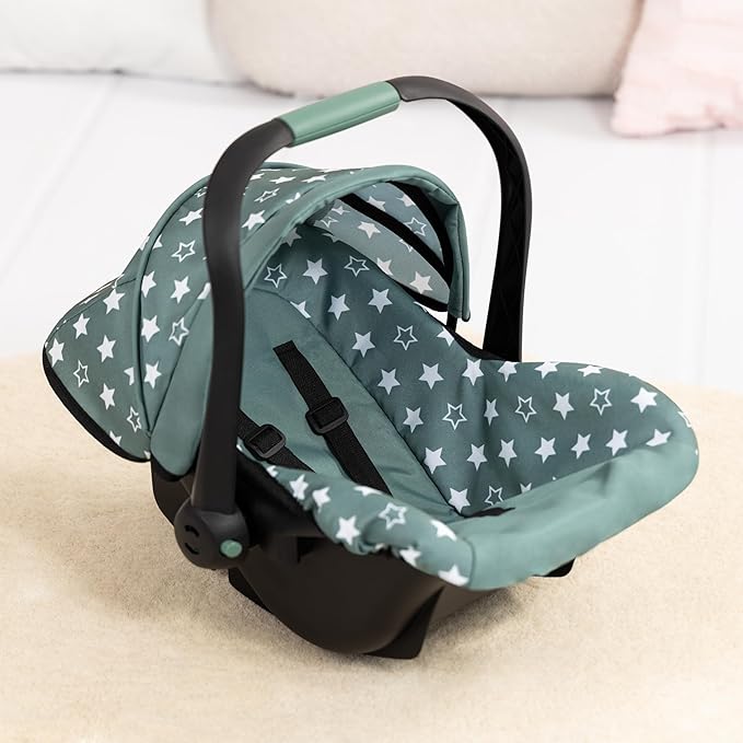 Bayer Design Reborn Baby Doll Car Seat with Sun Shade Canopy - Grey-Green Stars, Portable Doll Carseat for 18" Dolls