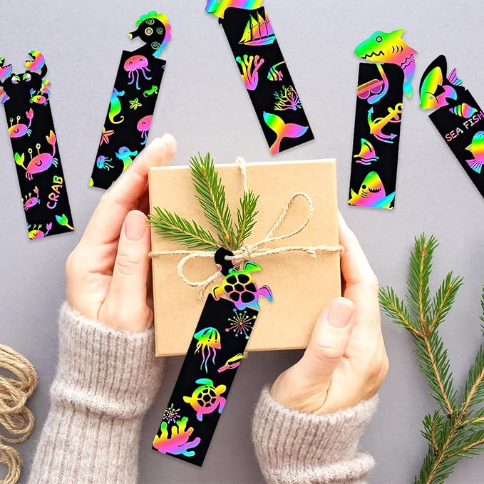 60PCS 6Style Scratch Paper Art Bookmarks Magic Scratch Rainbow Bookmarks Making Kit DIY Bookmarks Bulk with Scratching Tools Ribbons for Party Favors Activities