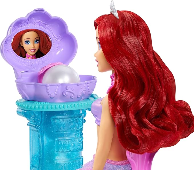 Mattel Disney Princess Toys, Ariel Vanity Pop Mermaid Fashion Doll with Removable Tail & Vanity with 5 Repeatable Pop-Up Surprises & 5 Accessories
