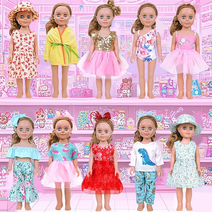 MSYO 10 Sets Doll Clothes Set for 17 - 18 Inch Dolls, 20 Pcs Fashion Outfits with Dresses & Accessories, Cute Doll Costumes for Girl Dolls