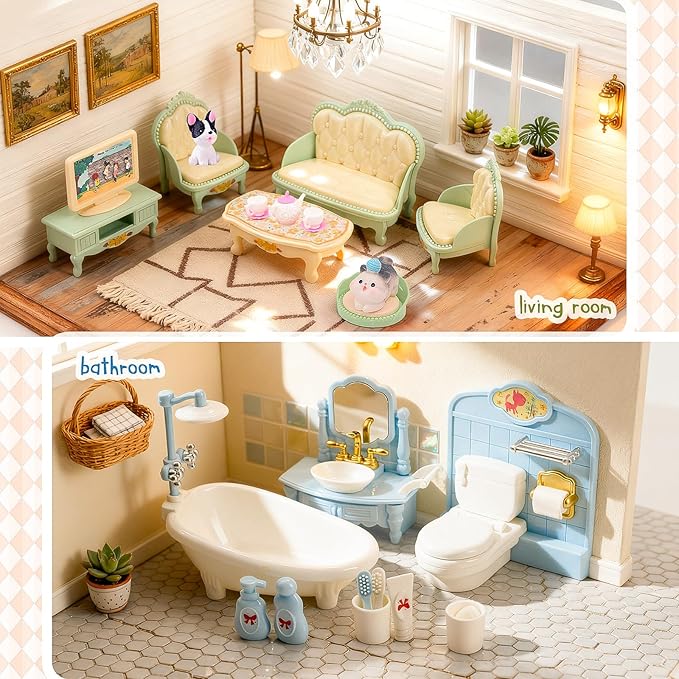 HAPGFS 45 Pcs Dollhouse Furniture Set Accessories Pretend Play Bedroom Living Room Bathroom Kitchen Doll House Mini Furniture for Kids Birthday and Christmas 4 Colors