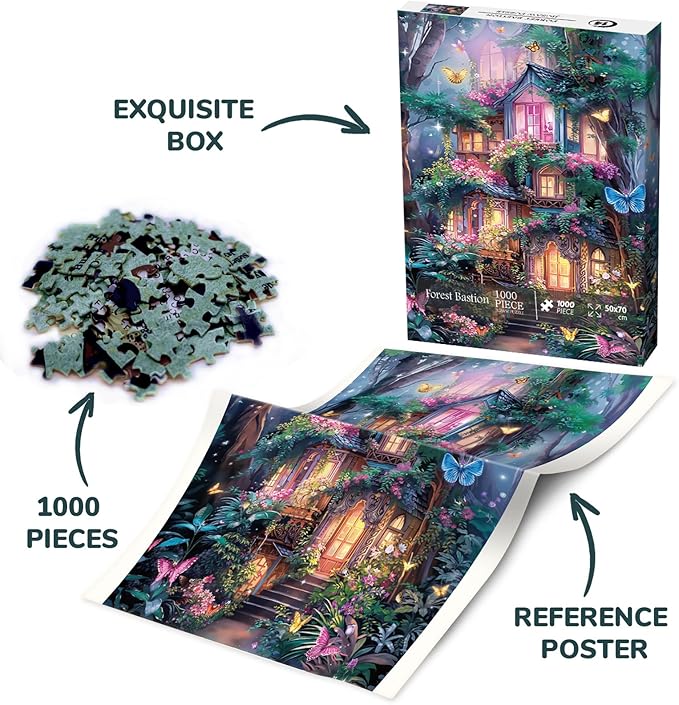 Magical Treehouse Forest Puzzles for Adults 1000 Pieces, Fantasy Plant Flower Jigsaw Puzzle Nature, Butterfly Tree Castle Puzzle