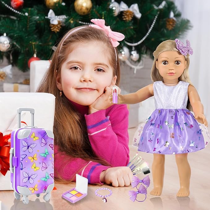 DONTNO American 18 Inch Doll Accessories with Travel Suitcase Makeup Play Set and Clothes,Shoulder Bag,Eye Shadow Plate,Butterfly Hairpin,Bracelet,Lipstick,Hair Tie,Eyelash Brush,No Doll and Shoes