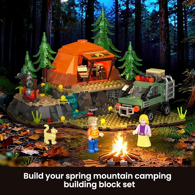 Mountain Camping Building Blocks Set - 677PCS Outdoor Adventure Scene Construction Toy with Tent, Camping Car & Campfire, Desktop Decoration for Kids & Adults, Creative Gift for Camping Lovers