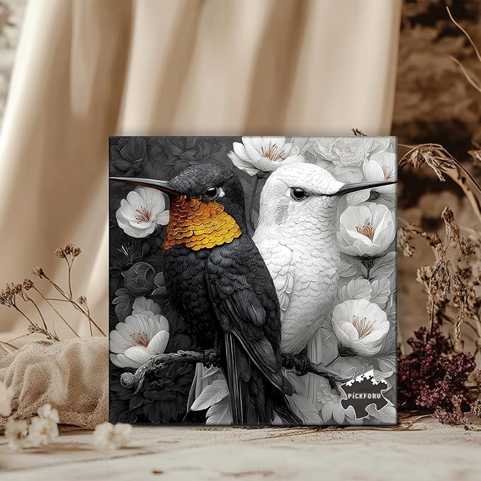PICKFORU Yinyang Hummingbirds Jigsaw Puzzles 1000 Pieces for Adults, Black White Hummingbird Adult Puzzles, Nature Balance Animal Flowers Puzzle