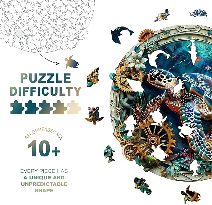 Wooden Jigsaw Puzzles, Embossed Turtle Wooden Puzzles for Adults with Unique Shape, Adult Jigsaw Puzzle, Birthday Gifts for Adults, 13.4"x13.3"-290pcs