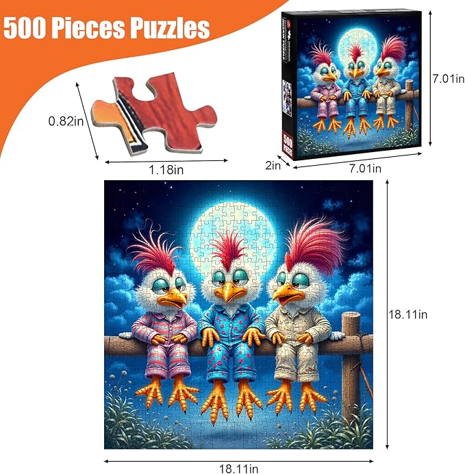 Chicken Puzzles for Adults 500 Pieces - Funny Colorful Chickens Jigsaw Puzzle, Chicken Under the Moon Art Puzzle with Letters on Back, Cute Cartoon Animal Puzzles as Thanksgiving Home Decor