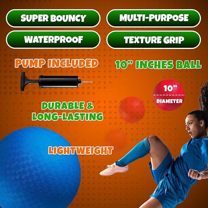 10 Inch Red & Blue Kickball Set - (2-Pack) with Pump - Large Playground Balls for Kids, Teens & Adults - Indoor & Outdoor Gym Sports Balls for Kickball, PE, Recess, Four Square & Backyard Games