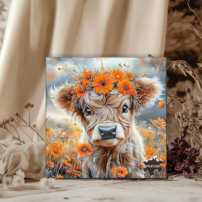 PICKFORUF Floral Calf 1000 Piece Puzzle for Adults,Orange Flower Cute Cow Jigsaw Puzzles 1000 Pieces,Nature Wildflower Grassland Animal Puzzle