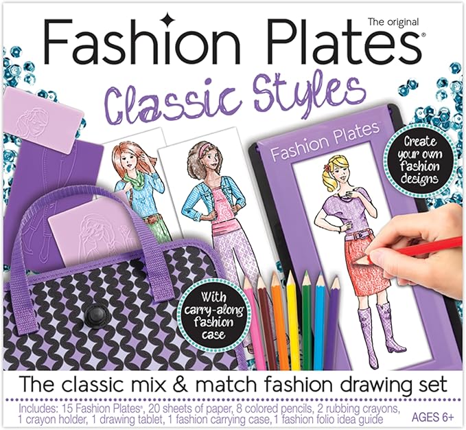 Fashion Plates Classic – Girls Fashion, Mix-and-Match Drawing Kit, Arts and Crafts, Coloring, Art Supplies, Craft Supplies, Stencils, Crayons Included, Create Your Own Designs, Ages 6+