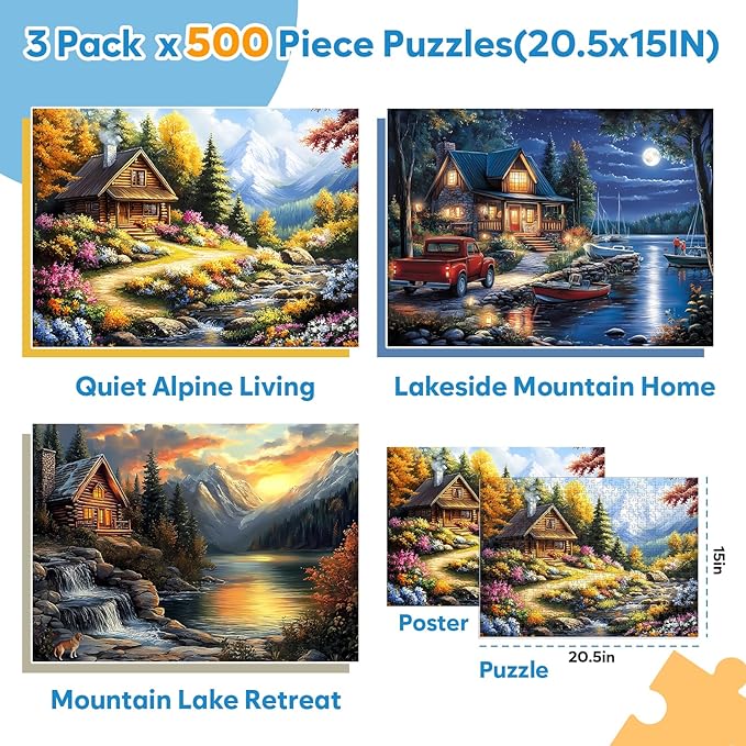 3 Pack Puzzles for Adults 500 Pieces, Canoe Lake and Night View Jigsaw Puzzles 500 Pieces for Teens Seniors, Challenging Cabin Sunset Puzzle for Game Night, for Outdoor Nature Lovers