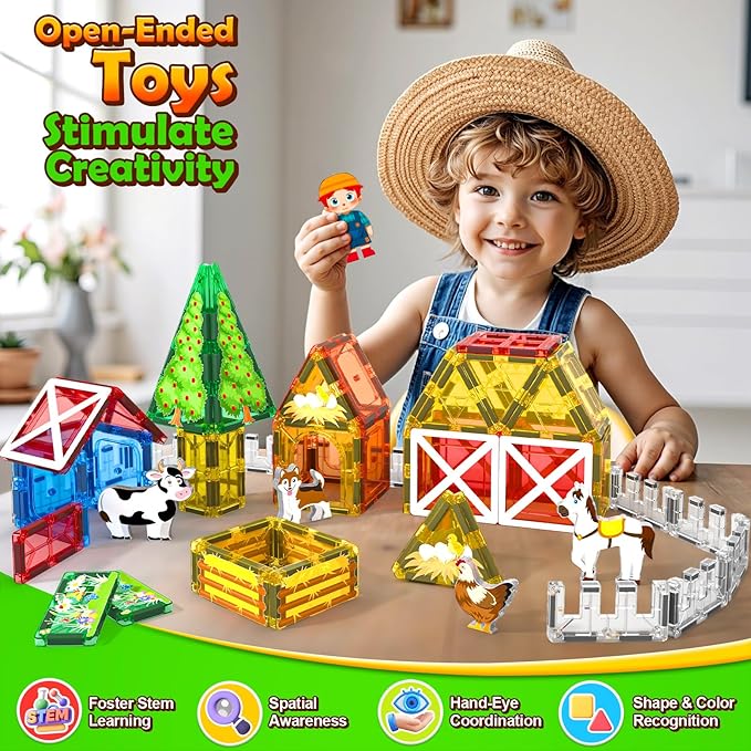 Magnetic Tiles Farm Animals Set, Immersive Storytelling Building Blocks for Toddlers 3-5, 3D Farm House STEM Toys with UV-Printed Realistic Animals, Compatible with All Major Brands