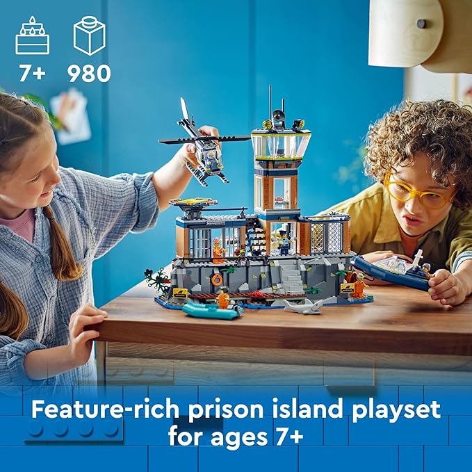 LEGO City Police Prison Island Building Set, Birthday Gift for Boys and Girls Ages 7 Plus, Imaginative Play, Helicopter Toy, Boat Toy and Dinghy, 7 Minifigures with Dog and Shark, 60419