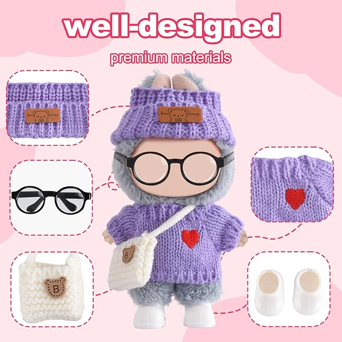 Doll Clothing for Labubu, Premium Outfits for Labubu Dressing up, Handcrafted Crochet Doll Accessories for Labubu with Sweater, Hat, Glasses, Small Bag, Boots(Purple)