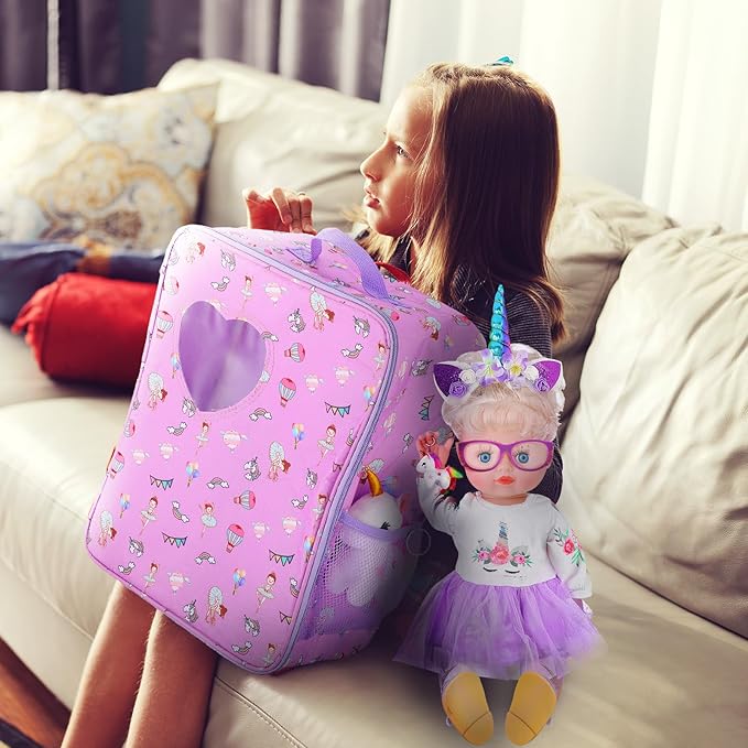 Wettarn 18 Inch Doll Carrier Set with Clothes and Accessories Including Doll Travel Bag, Dress, Shoes, Sunglasses, Backpack and Unicorn for Unicorn Birthday Gift(Purple)