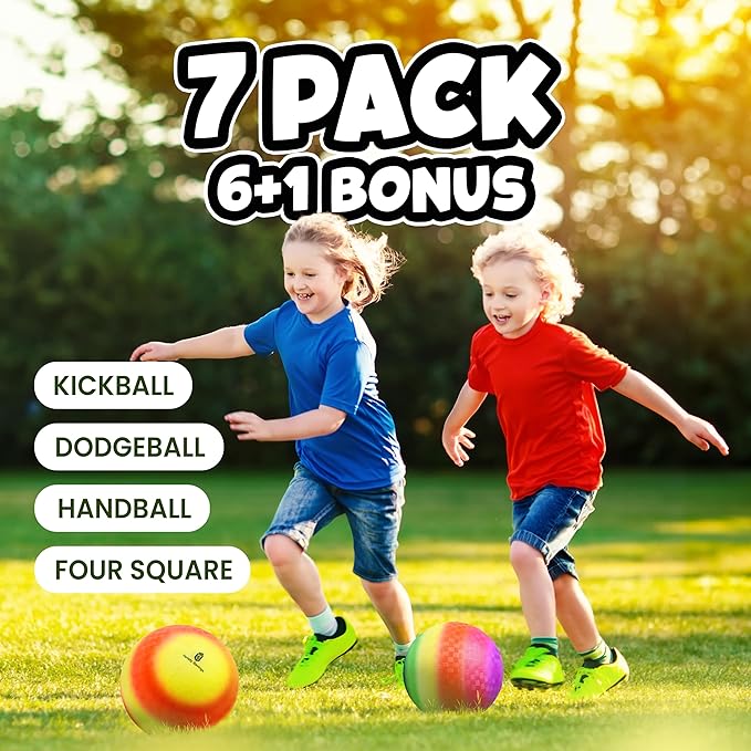 Pack of 7 with 2 Pumps & 4 Pins, Bouncy Balls for Kids –Dodgeball Set 8.5 Inch Playground Balls – Colored Official Size for Dodge Balls, Kickball, Handball, Camps and Schools
