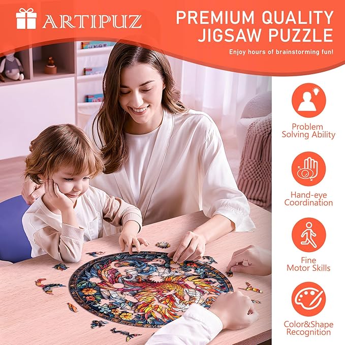 Wooden Puzzles for Adults - Stained Glass Phoenix Wooden Puzzle, Unique Shape Wood Jigsaw Puzzle for Adults, Wood Puzzles Adult, Gifts for Family, Wall Art Home Decor (100pcs 8.5 * 8.5in S)