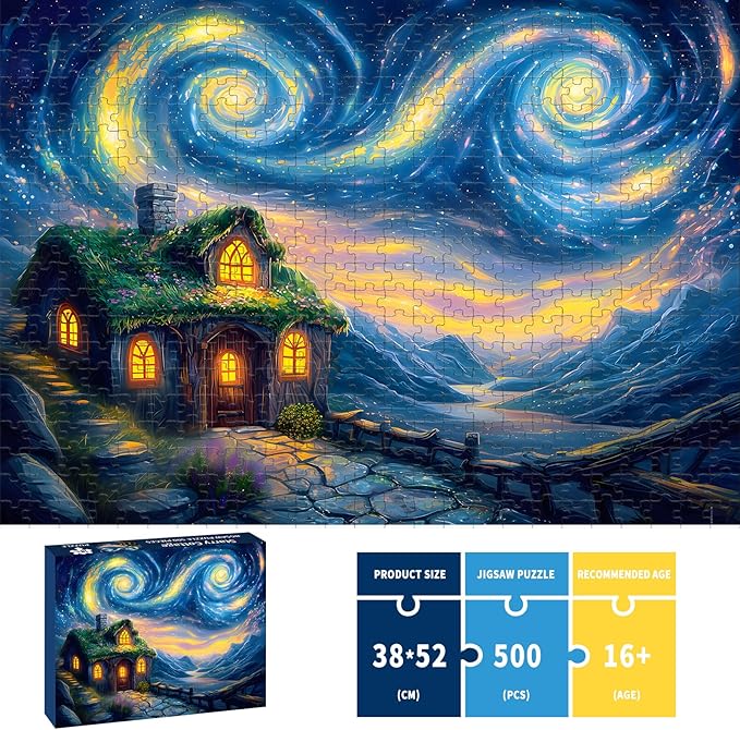 Puzzles for Adults 500 Pieces, Starry Night Jigsaw Puzzles 500 Pieces - Starry Cottage, Cottage Landscape Puzzles, Finished Size 20.47 * 14.96”, with 1:1 Poster, Letter on The Back