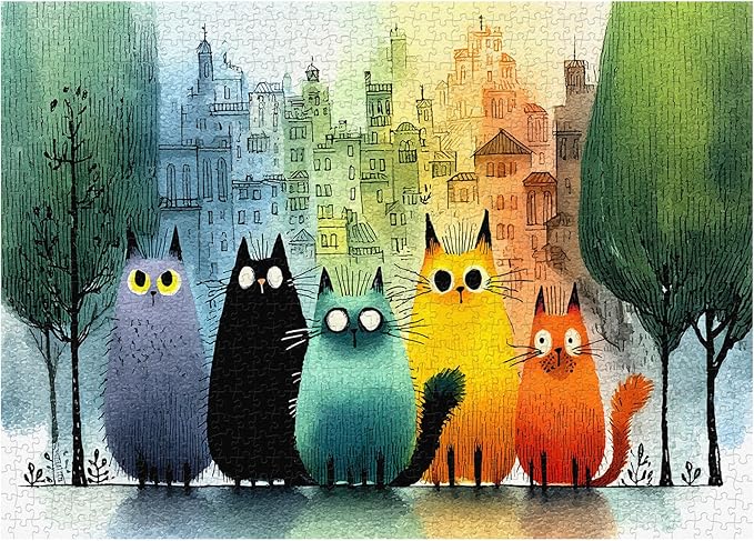 PICKFORU Gradient Cat Puzzles for Adults 1000 Pieces, Colorful City Jigsaw Puzzle, Cute Kitten Puzzle as Wall Art Decor