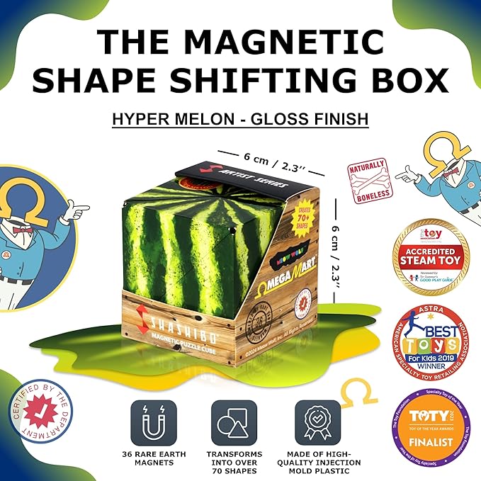 Shashibo Shape Shifting Box - STEM Fidget Toy with Ultra Strong Magnets - Sensory Puzzle Cube Transforms Into 100+ Shapes, Easter Basket Stuffers Gift for Kids, Teens, and Adults (Hyper Melon)