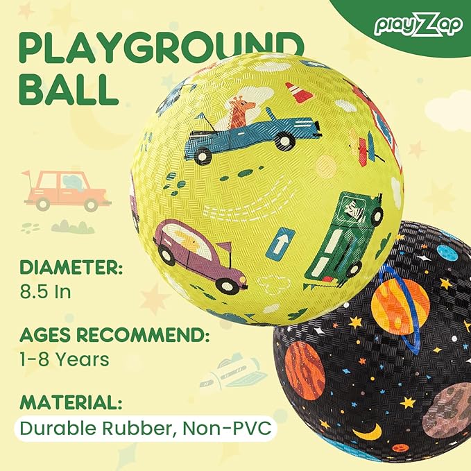 PlayZap 2 Pack Playground Balls for Kids, Planet & Vehicle Cars Kickballs for Toddlers 3-8, 8.5 in Rubber Balls with Pump, Indoor & Outdoor Dodgeball Toys for Boys & Girls Gifts