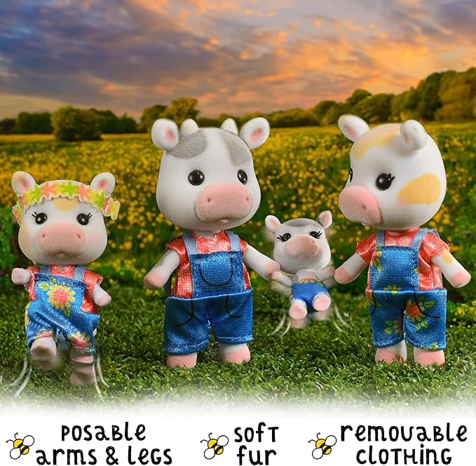 Honey Bee Acres The Cloverberrys Cow Family, 4 Miniature Doll Figures, Small